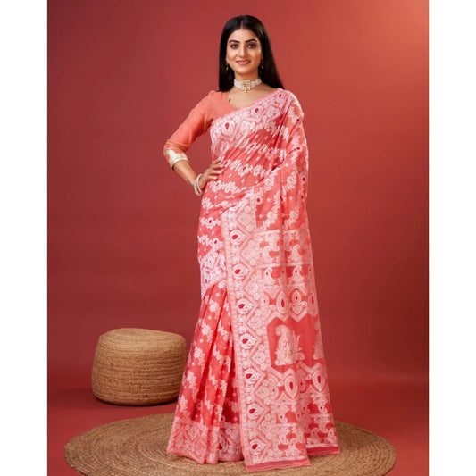 Women's Cotton Silk Printed Saree With Unstitched Blouse 5.5Mtr (Peach) - VANSHELLE