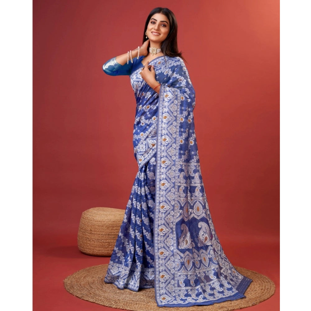 Women's Cotton Silk Printed Saree With Unstitched Blouse 5.5Mtr (Blue) - VANSHELLE