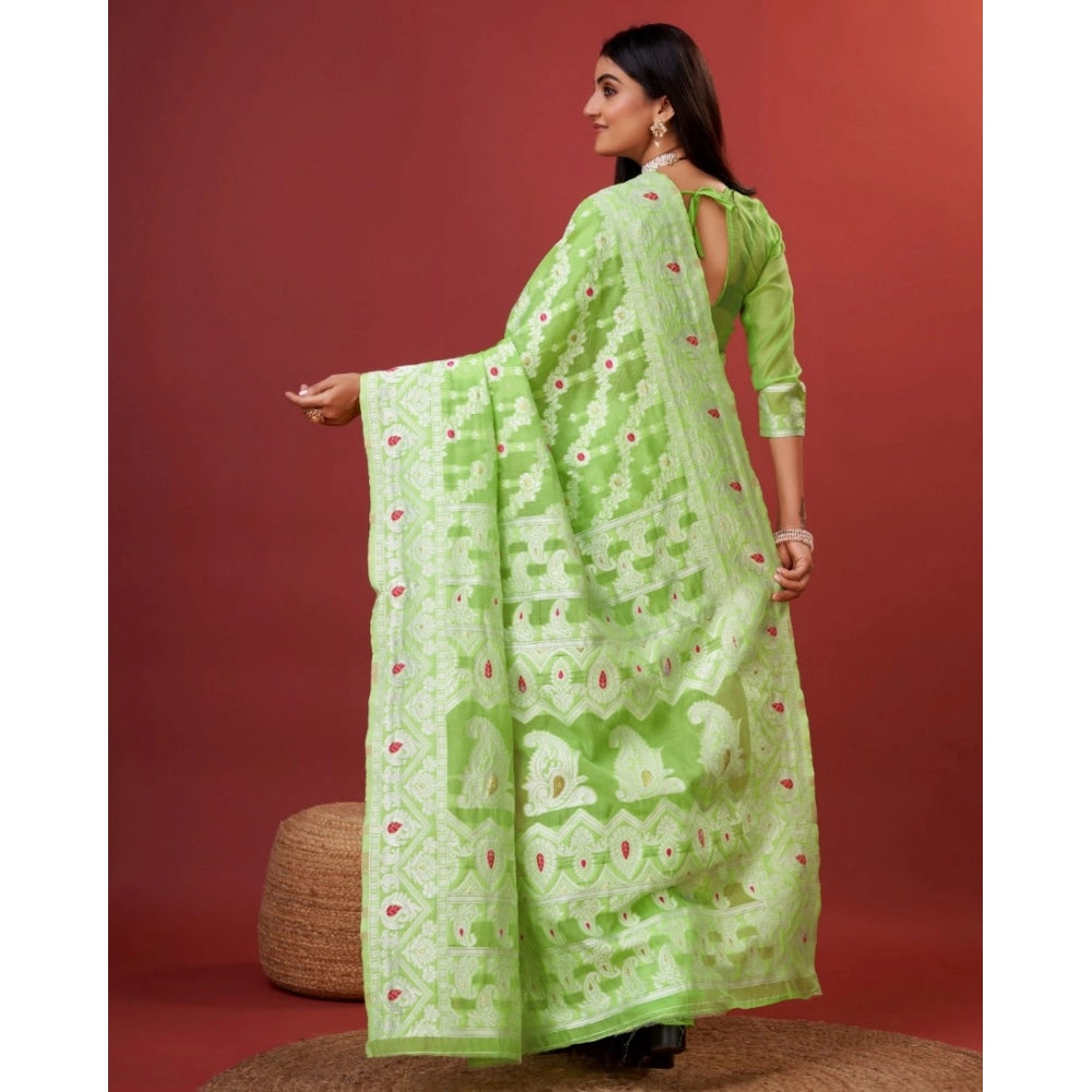 Women's Cotton Silk Printed Saree With Unstitched Blouse 5.5Mtr (Light Green) - VANSHELLE