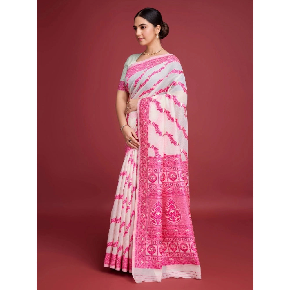 Women'S Jamdani Cotton Silk Printed Saree With Unstitched Blou