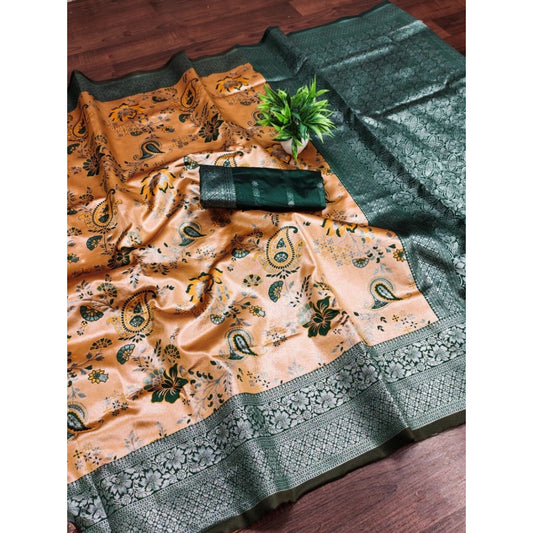 Women's Banarasi Jacquard Printed Saree With Unstitched Blouse 5.5Mtr (Orange) - VANSHELLE