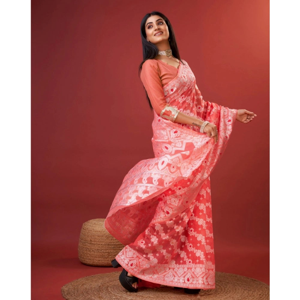 Women's Cotton Silk Printed Saree With Unstitched Blouse 5.5Mtr (Peach) - VANSHELLE