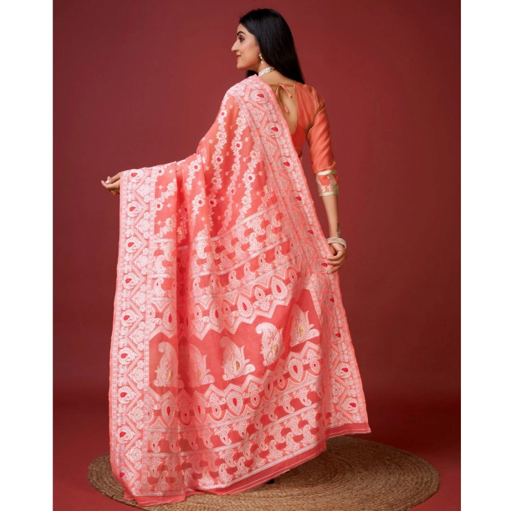 Women's Cotton Silk Printed Saree With Unstitched Blouse 5.5Mtr (Peach) - VANSHELLE