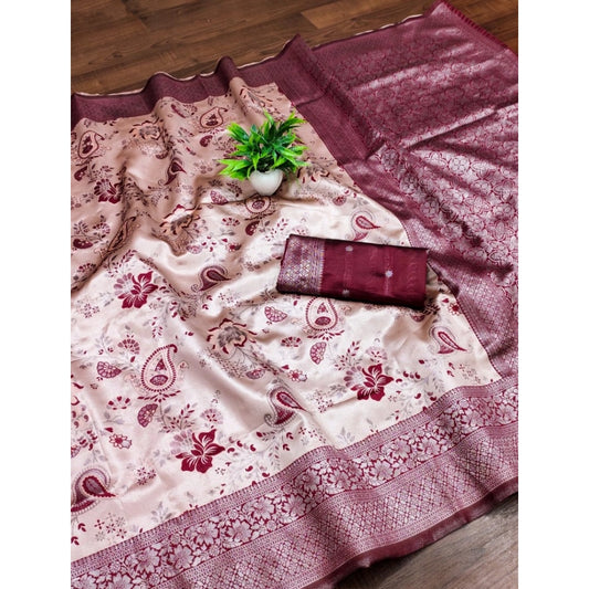 Women's Banarasi Jacquard Printed Saree With Unstitched Blouse 5.5Mtr (Wine) - VANSHELLE