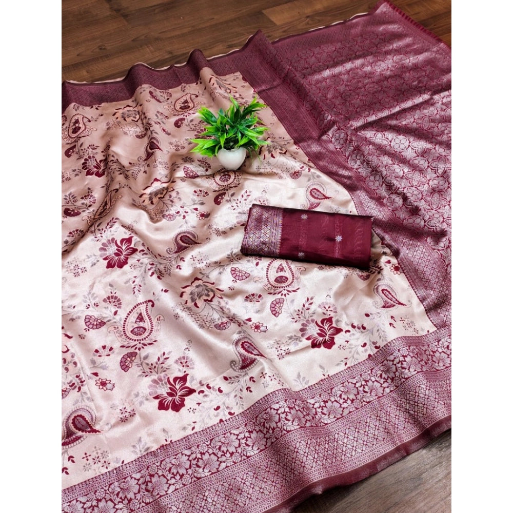 Women'S Banarasi Jacquard Printed Saree With Unstitched Blouse
