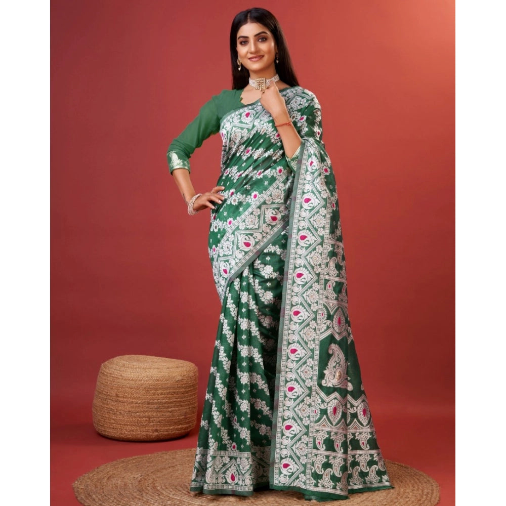 Women's Cotton Silk Printed Saree With Unstitched Blouse 5.5Mtr (Green) - VANSHELLE