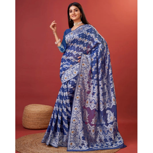 Women's Cotton Silk Printed Saree With Unstitched Blouse 5.5Mtr (Blue) - VANSHELLE