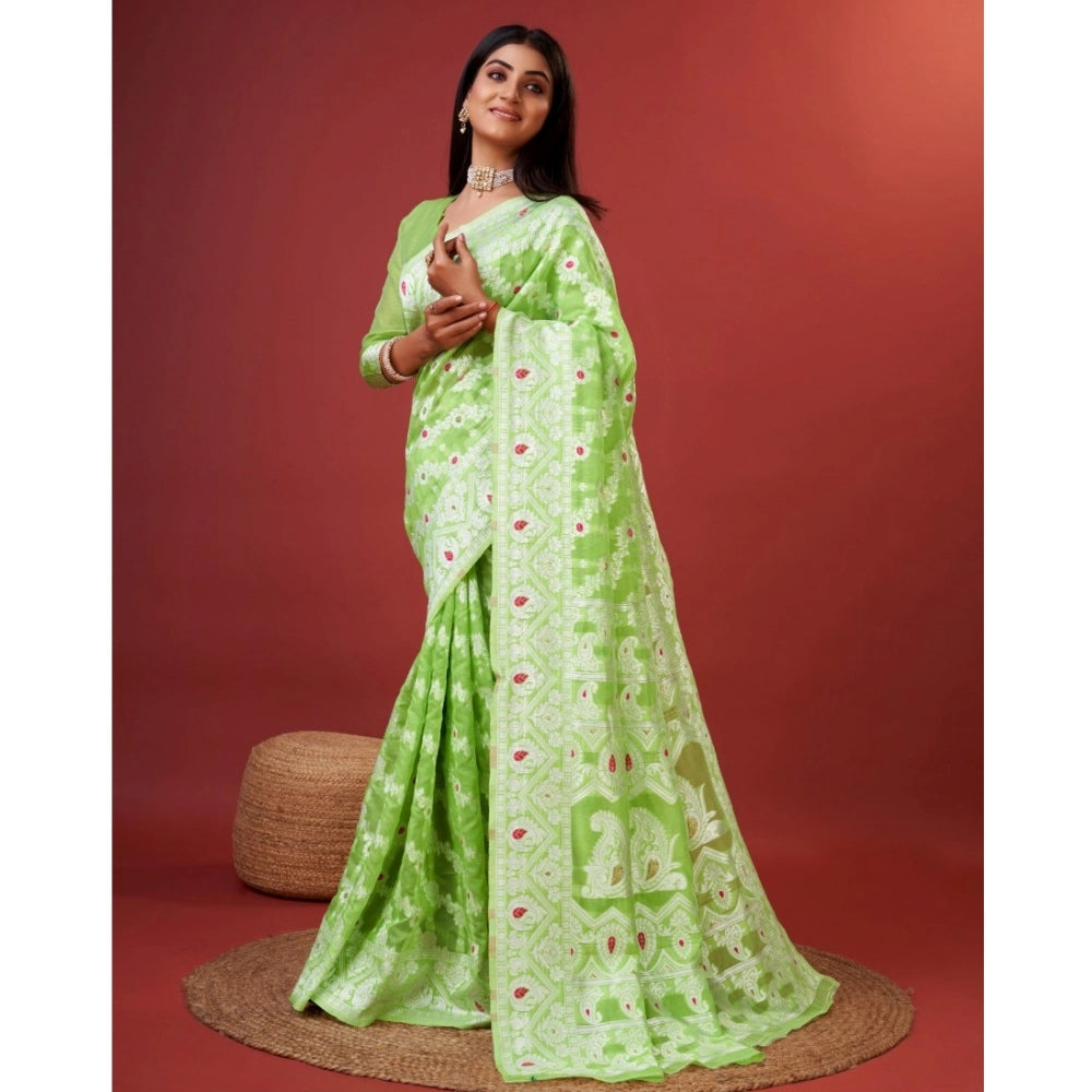 Women's Cotton Silk Printed Saree With Unstitched Blouse 5.5Mtr (Light Green) - VANSHELLE