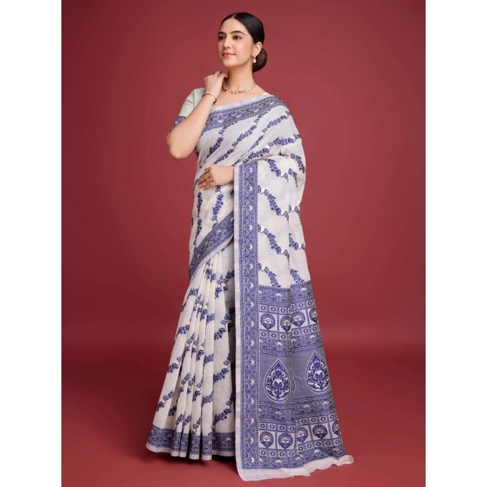 Women'S Jamdani Cotton Silk Printed Saree With Unstitched Blou