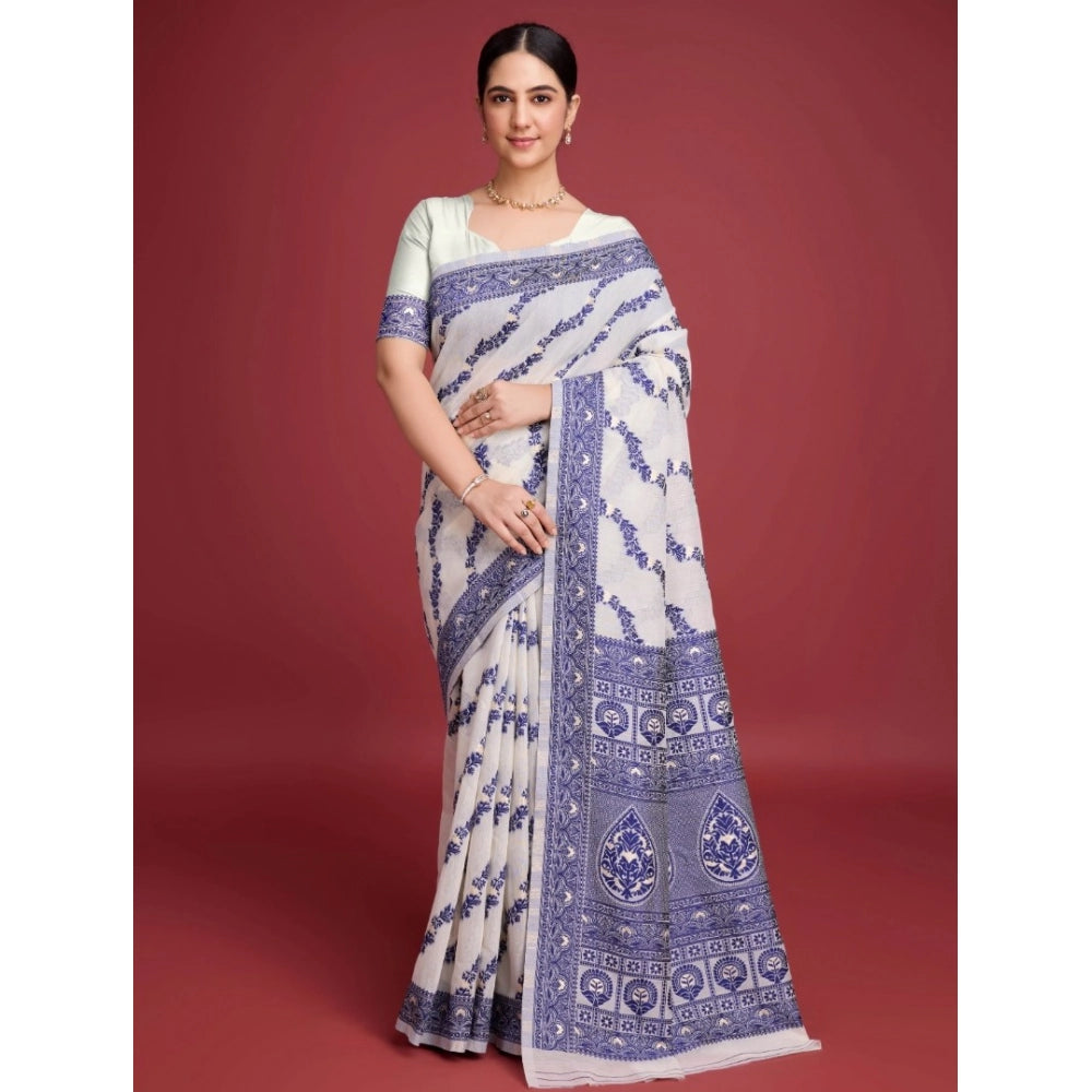 Women'S Jamdani Cotton Silk Printed Saree With Unstitched Blou