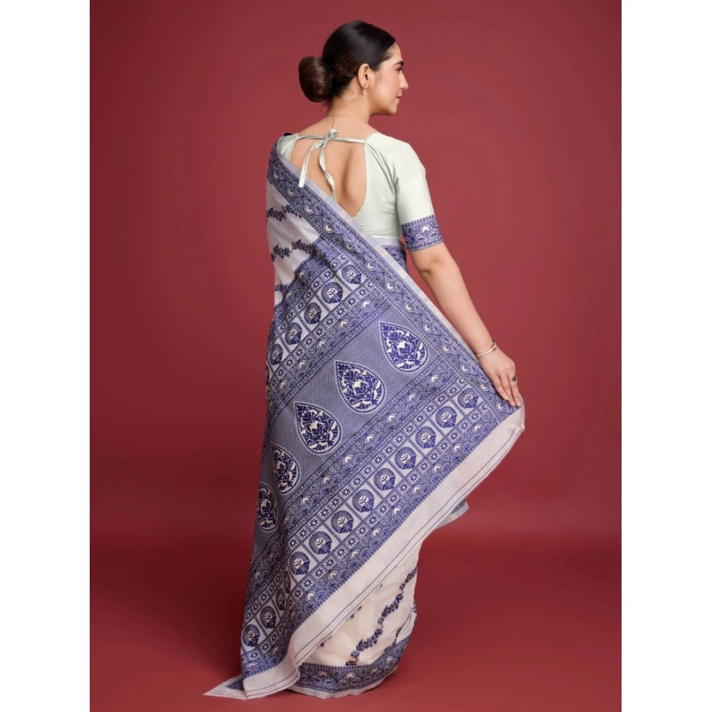 Women'S Jamdani Cotton Silk Printed Saree With Unstitched Blou