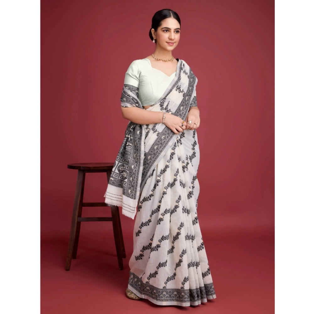 Women'S Jamdani Cotton Silk Printed Saree With Unstitched Blou