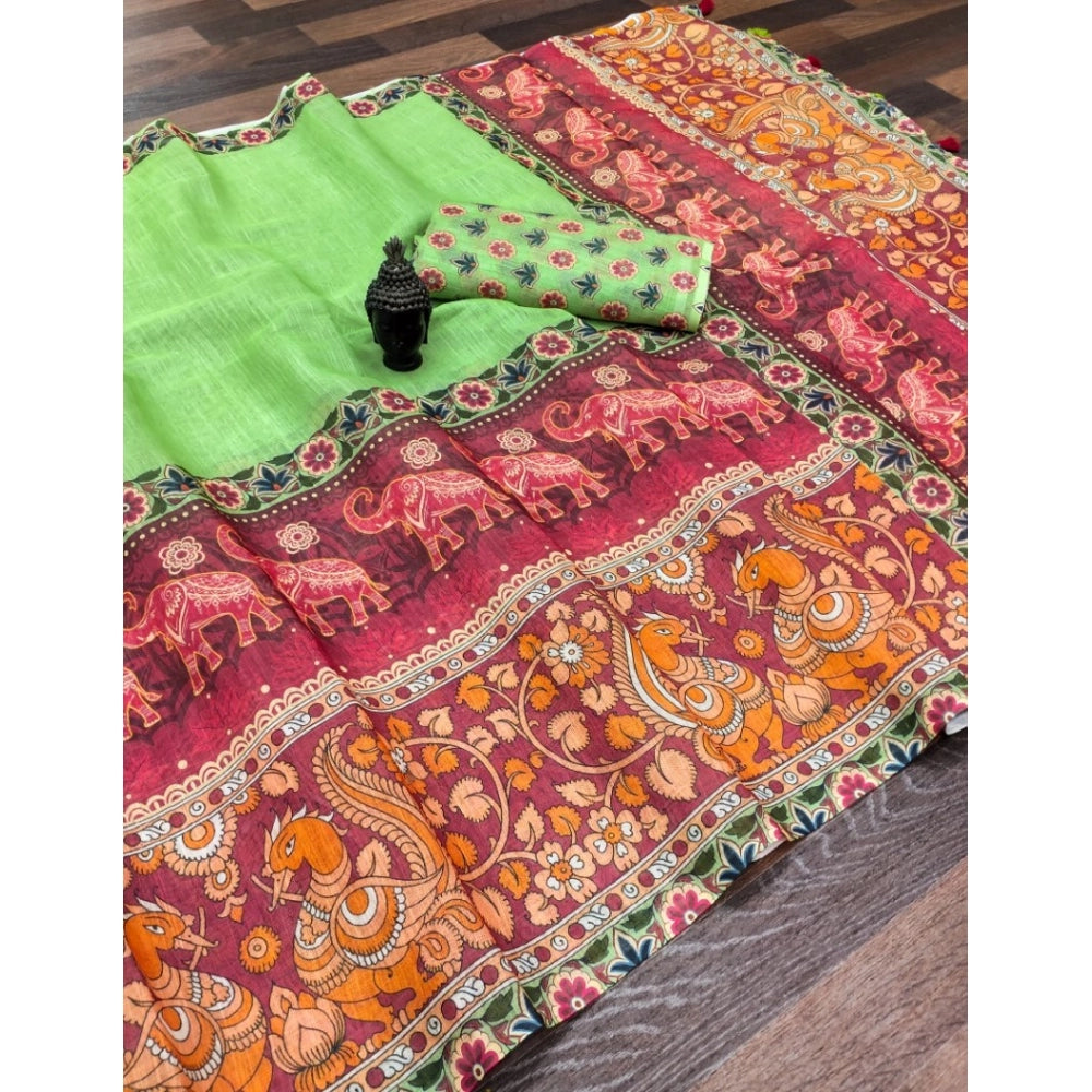 Women'S Linen Digital Print Saree With Unstitched Blouse 5.5Mt