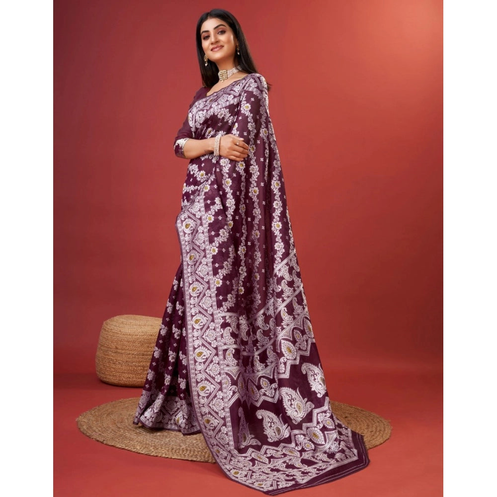 Women's Cotton Silk Printed Saree With Unstitched Blouse 5.5Mtr (Purple) - VANSHELLE