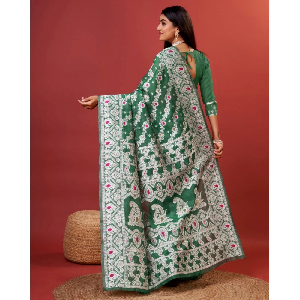 Women's Cotton Silk Printed Saree With Unstitched Blouse 5.5Mtr (Green) - VANSHELLE