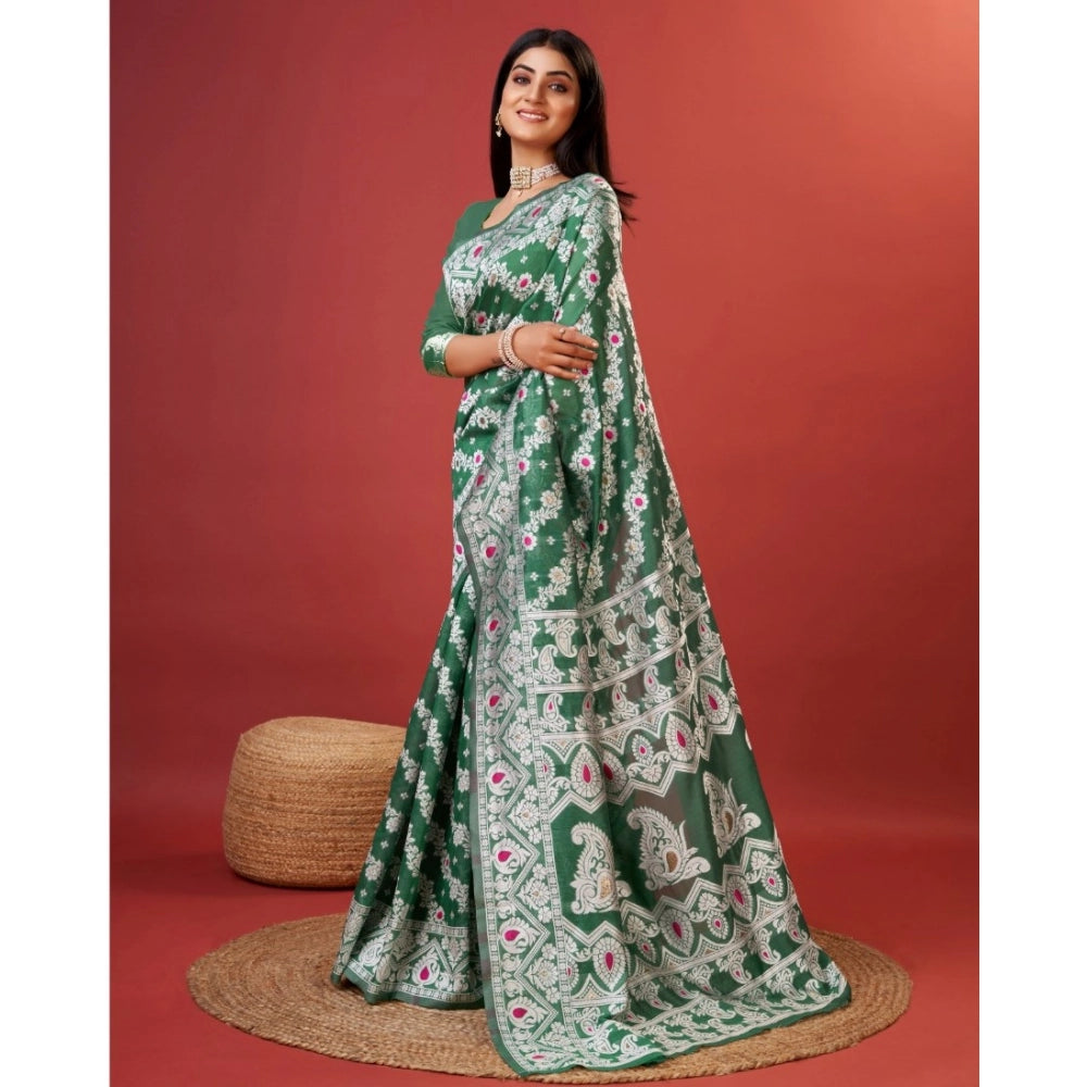 Women's Cotton Silk Printed Saree With Unstitched Blouse 5.5Mtr (Green) - VANSHELLE