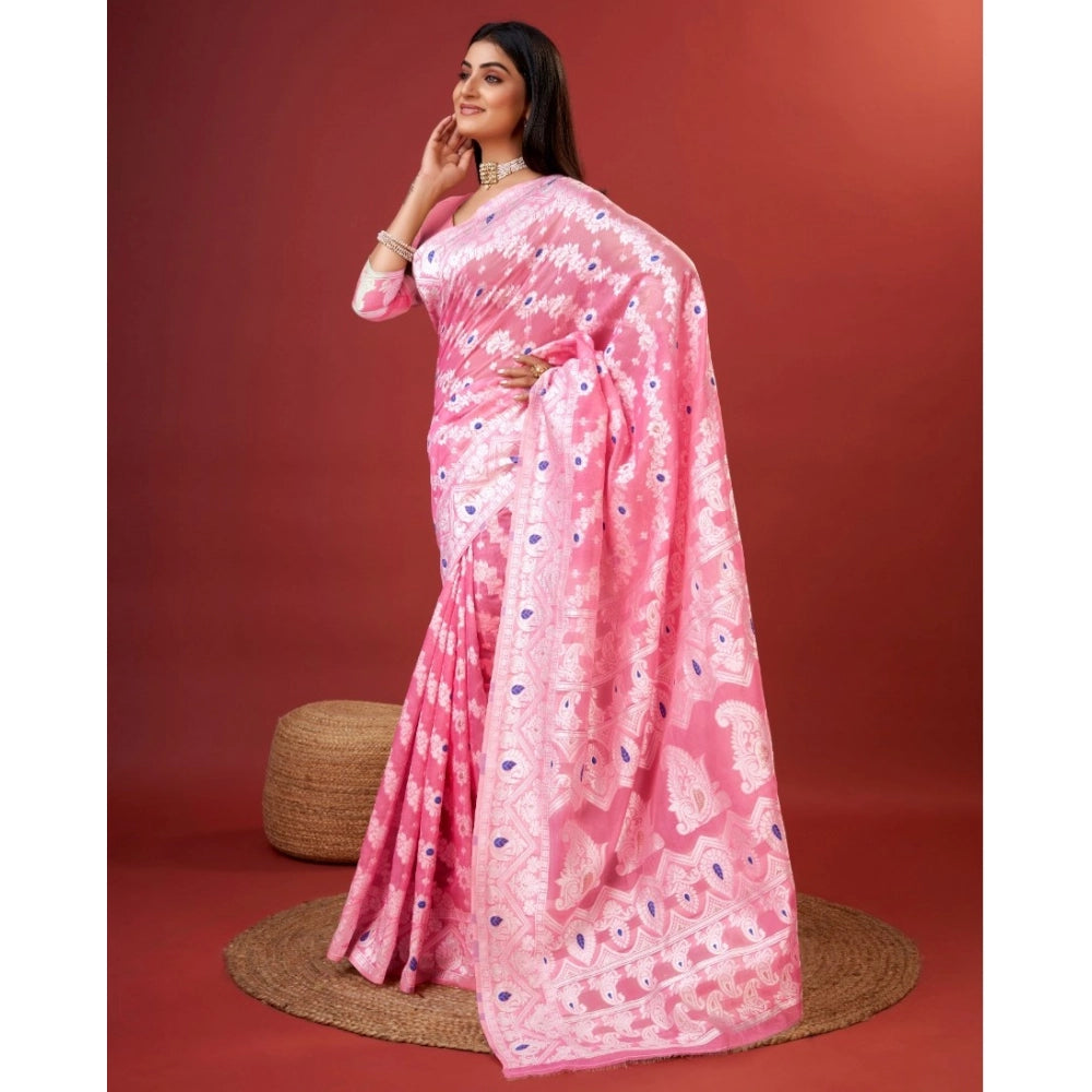 Women's Cotton Silk Printed Saree With Unstitched Blouse 5.5Mtr (Pink) - VANSHELLE