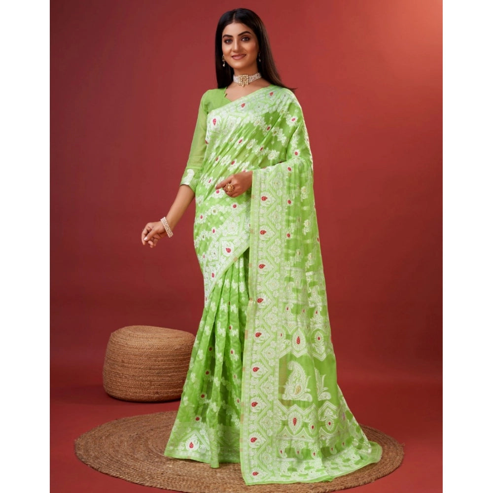 Women's Cotton Silk Printed Saree With Unstitched Blouse 5.5Mtr (Light Green) - VANSHELLE
