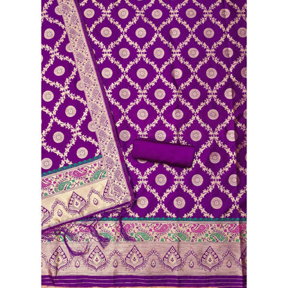 Women's Banarasi Silk Printed Unstitched Salwar Suit Material With Dupatta (Purple, 3Mtrs)