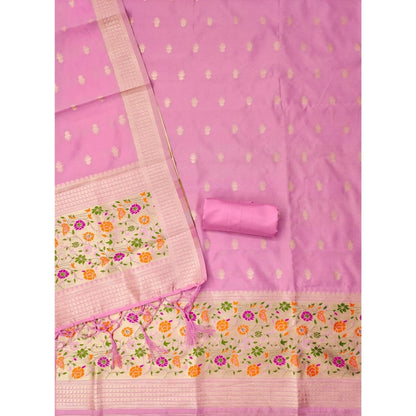 Women's Banarasi Silk Printed Unstitched Salwar Suit Material With Dupatta (Light Pink, 3Mtrs)