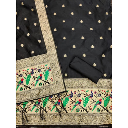 Women's Banarasi Silk Printed Unstitched Salwar Suit Material With Dupatta (Black, 3Mtrs)