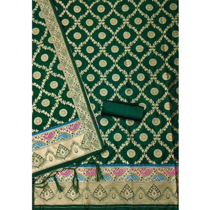 Women's Banarasi Silk Printed Unstitched Salwar Suit Material With Dupatta (Bottle Green, 3Mtrs)