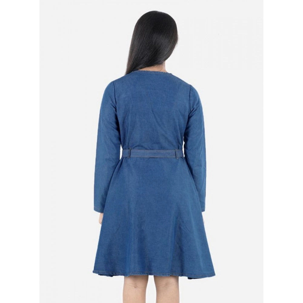 Girl'S Denim Solid Long Sleeve Round Neck Dress (Blue)
