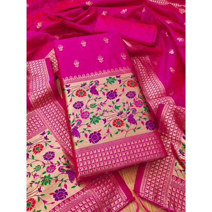 Women's Banarasi Silk Printed Unstitched Salwar Suit Material With Dupatta (Pink, 3Mtrs)