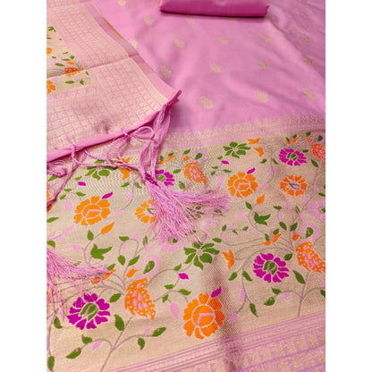 Women's Banarasi Silk Printed Unstitched Salwar Suit Material With Dupatta (Light Pink, 3Mtrs)