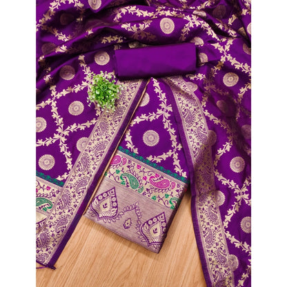 Women's Banarasi Silk Printed Unstitched Salwar Suit Material With Dupatta (Purple, 3Mtrs)