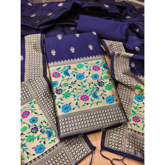Women's Banarasi Silk Printed Unstitched Salwar Suit Material With Dupatta (Navy Blue, 3Mtrs)