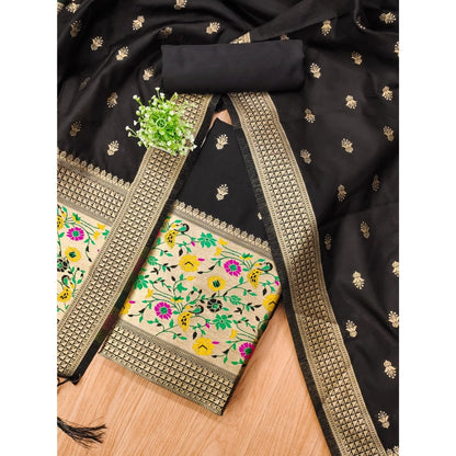 Women's Banarasi Silk Printed Unstitched Salwar Suit Material With Dupatta (Black, 3Mtrs)