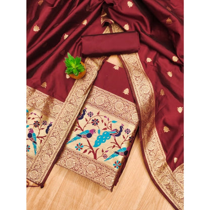 Women's Banarasi Silk Printed Unstitched Salwar Suit Material With Dupatta (Maroon, 3Mtrs)