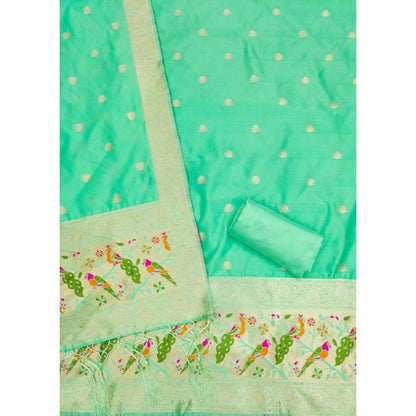 Women's Banarasi Silk Printed Unstitched Salwar Suit Material With Dupatta (Sea Green, 3Mtrs)