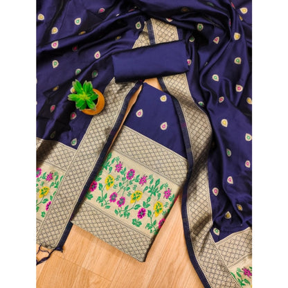 Women's Banarasi Silk Printed Unstitched Salwar Suit Material With Dupatta (Navy Blue, 3Mtrs)
