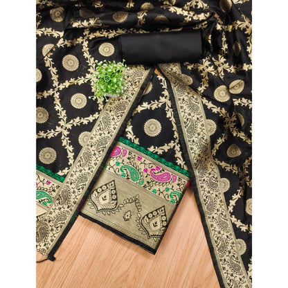 Women's Banarasi Silk Printed Unstitched Salwar Suit Material With Dupatta (Black, 3Mtrs)