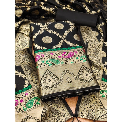 Women's Banarasi Silk Printed Unstitched Salwar Suit Material With Dupatta (Black, 3Mtrs)