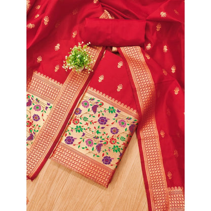 Women's Banarasi Silk Printed Unstitched Salwar Suit Material With Dupatta (Red, 3Mtrs)