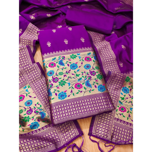 Women's Banarasi Silk Printed Unstitched Salwar Suit Material With Dupatta (Purple, 3Mtrs)