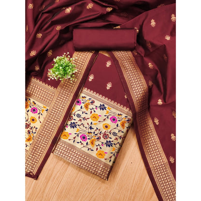 Women's Banarasi Silk Printed Unstitched Salwar Suit Material With Dupatta (Maroon, 3Mtrs)