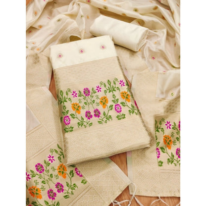 Women's Banarasi Silk Printed Unstitched Salwar Suit Material With Dupatta (White, 3Mtrs)