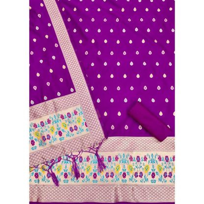 Women's Banarasi Silk Printed Unstitched Salwar Suit Material With Dupatta (Purple, 3Mtrs)