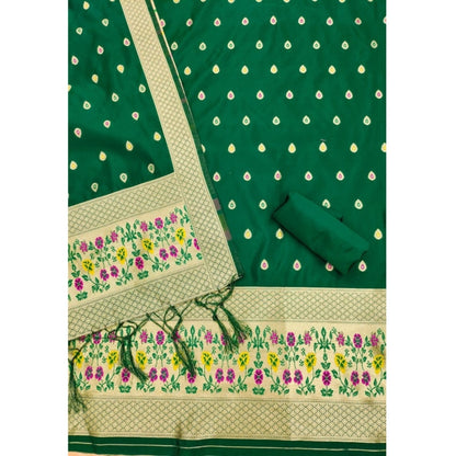 Women's Banarasi Silk Printed Unstitched Salwar Suit Material With Dupatta (Bottle Green, 3Mtrs)