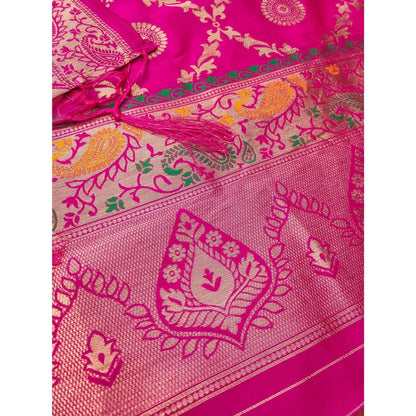 Women's Banarasi Silk Printed Unstitched Salwar Suit Material With Dupatta (Pink, 3Mtrs)