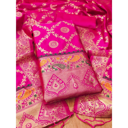 Women's Banarasi Silk Printed Unstitched Salwar Suit Material With Dupatta (Pink, 3Mtrs)