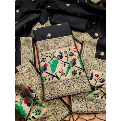 Women's Banarasi Silk Printed Unstitched Salwar Suit Material With Dupatta (Black, 3Mtrs)