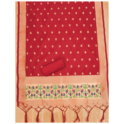 Women's Banarasi Silk Printed Unstitched Salwar Suit Material With Dupatta (Red, 3Mtrs)