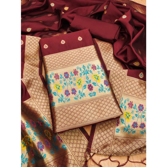 Women's Banarasi Silk Printed Unstitched Salwar Suit Material With Dupatta (Maroon, 3Mtrs)