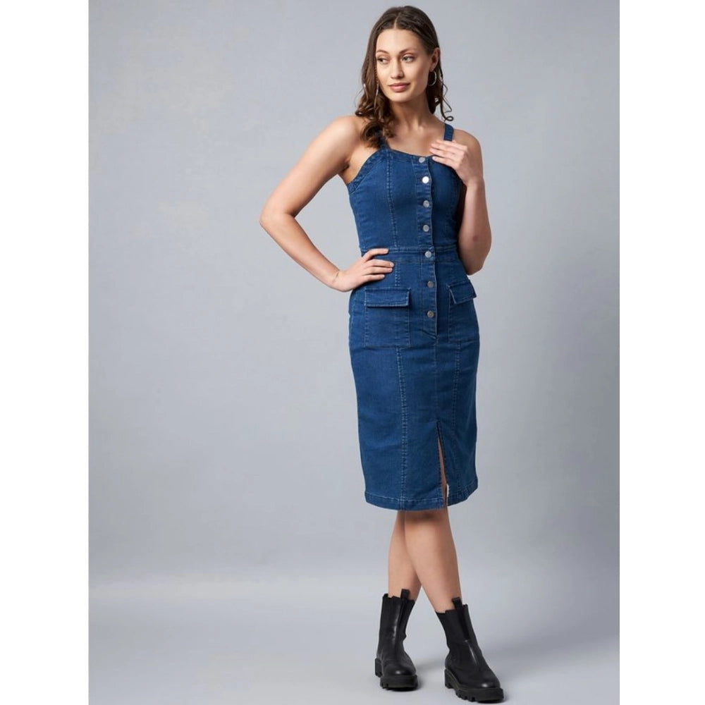 Women'S Denim Lycra Solid Square Neck Shoulder Straps Dress (B
