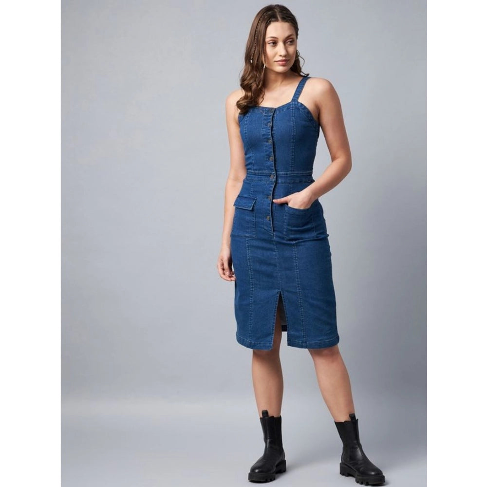 Women'S Denim Lycra Solid Square Neck Shoulder Straps Dress (B